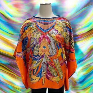 Aum Couture Boho Satin Kaftan Top Vibrant Multicolor Festival Poncho Kimono Chic
